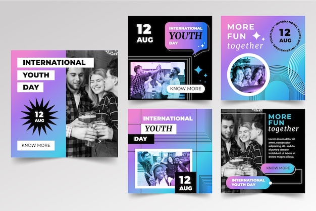 Vector gratuito gradiente colección de publicaciones del día internacional de la juventud con foto