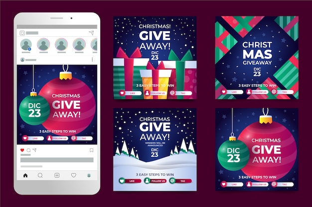 Vector gratuito gradiente colección de publicaciones de instagram de sorteo de navidad