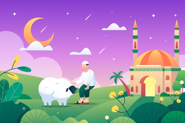 Gradiente eid al-adha ilustración con hombre y oveja