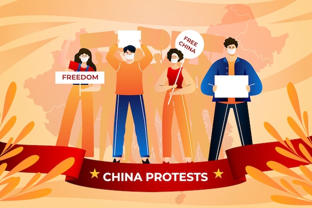 Vector gratuito gradiente personas sosteniendo pancartas y hojas ilustración de protesta de china