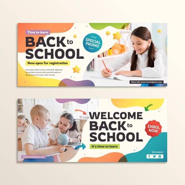Gradiente de regreso a la escuela banners horizontales con foto