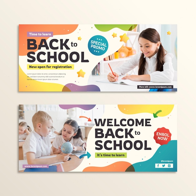 Gradiente de regreso a la escuela banners horizontales con foto