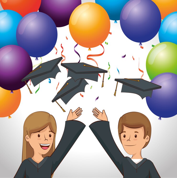 Vector gratuito graduación de personas felices con globos y confeti