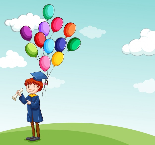 Vector gratuito graduado, niño sosteniendo globos