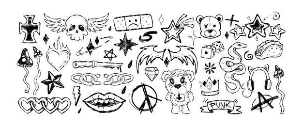 Graffiti de carbón doodle símbolos punk dibujados a mano con lápices de colores negros pegatinas de rock duro con cabeza de esqueleto