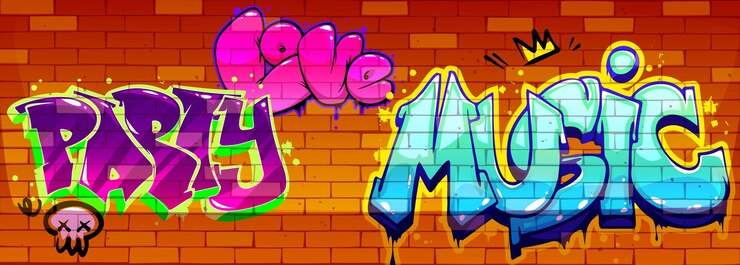 Vector gratuito graffiti con palabras de dibujos animados pintadas en una pared de ladrillo rojo
