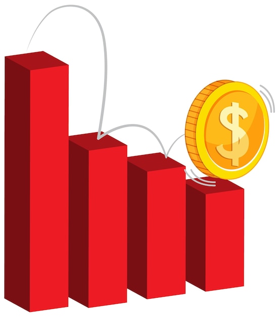 Gráfico de barras rojas con una moneda bajando