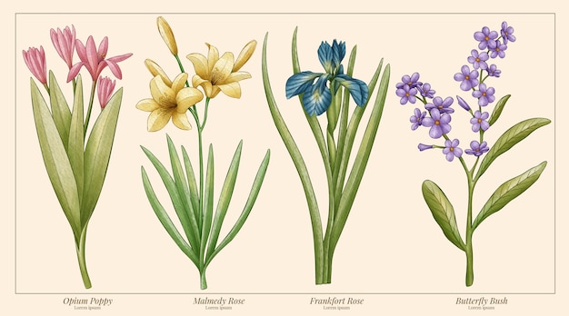 Gráfico de flores botánicas de acuarela