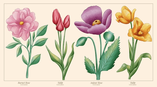 Gráfico de flores botánicas de acuarela