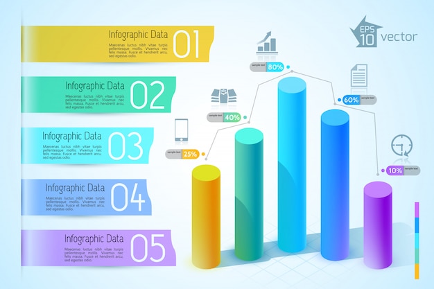 Gráfico de negocios e infografía gráfica con coloridas columnas 3d iconos de cinco pasos en la ilustración de luz