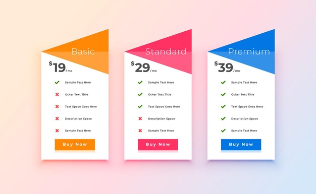 gráfico de precios de suscripción de tres opciones diseño de tabla de estilo moderno