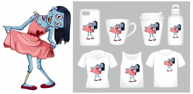 Gráfico de zombie en vestido rosa en diferentes plantillas de productos