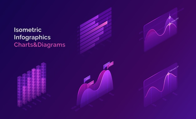 Vector gratuito gráficos y diagramas infográficos isométricos para la presentación digital de información estadística y analítica