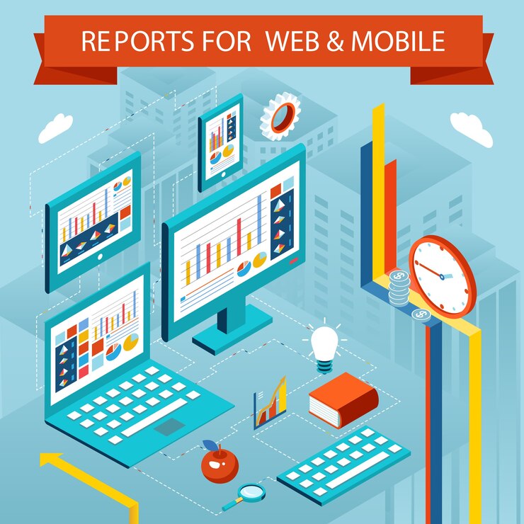Vector gratuito gráficos e informes comerciales en páginas web y aplicaciones móviles. concepto de gráfico de vector plano isométrico, pantalla de diagrama gráfico