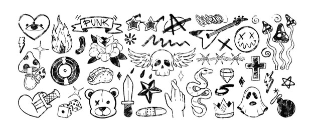 Grafiti símbolos punk de carbón dibujados a mano con lápices de colores icono de hard rock n roll con música agaric de mosca