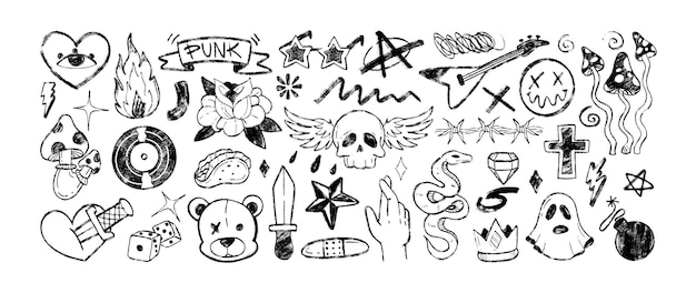 Grafiti símbolos punk de carbón dibujados a mano con lápices de colores icono de hard rock n roll con música agaric de mosca