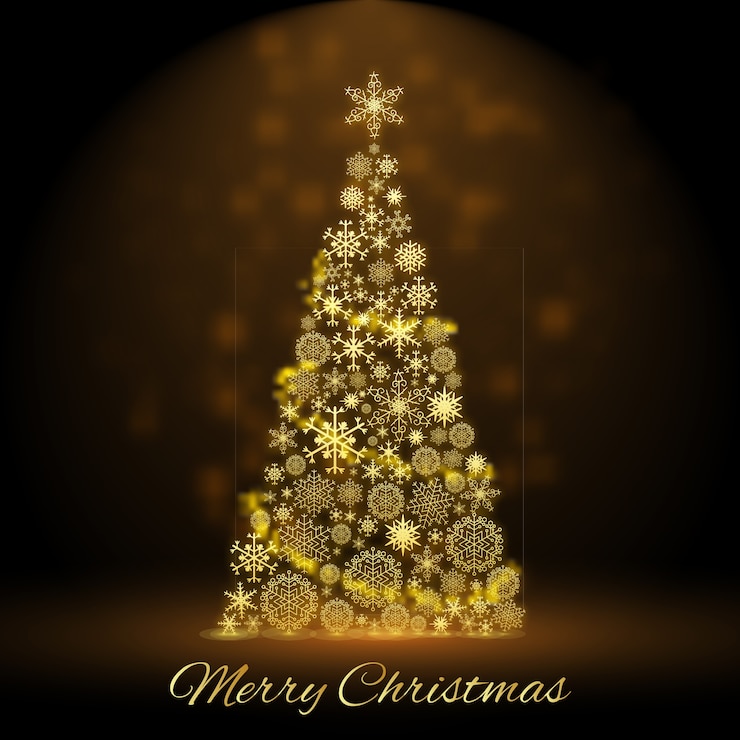 Vector gratuito gran árbol de navidad dorado decorado con bolas de copos de nieve y estrellas ilustración plana