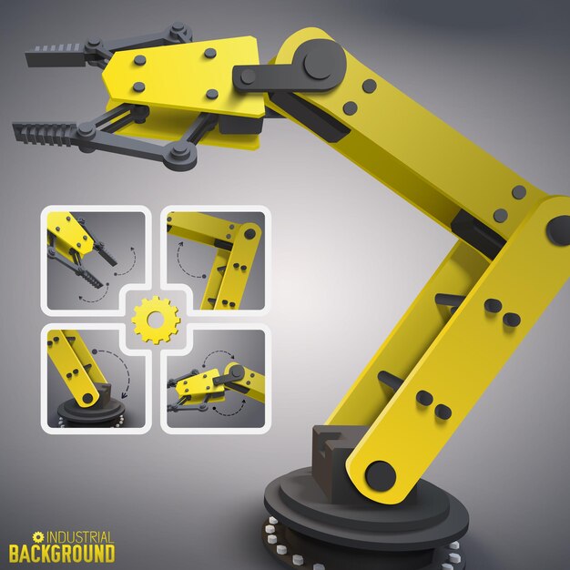 Gran brazo de robot amarillo 3d en la composición de fabricación y cuatro iconos con un gran aumento en las piezas de la máquina