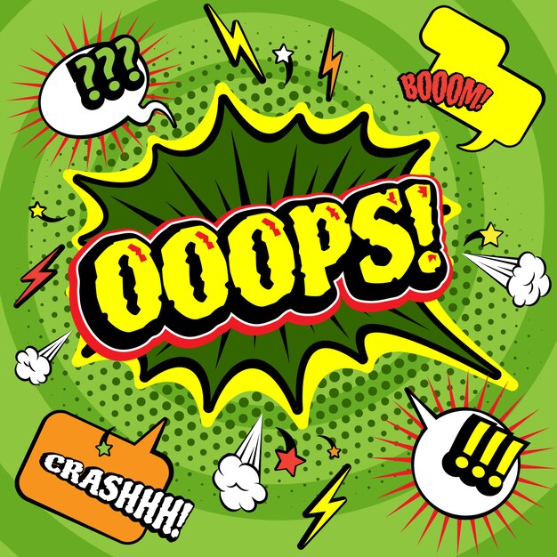 Gran cartel de historietas de cómic burbuja verde oops con aligeramiento y exclamaciones de auge de choque