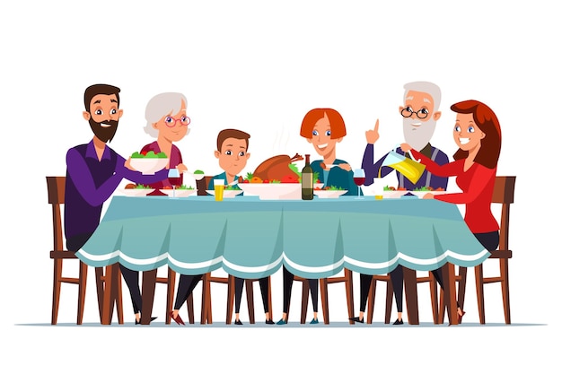 Gran cena familiar ilustración abuelos padres e hijos sentados en la mesa festiva servida pasando tiempo juntos personajes de dibujos animados celebración navideña en casa