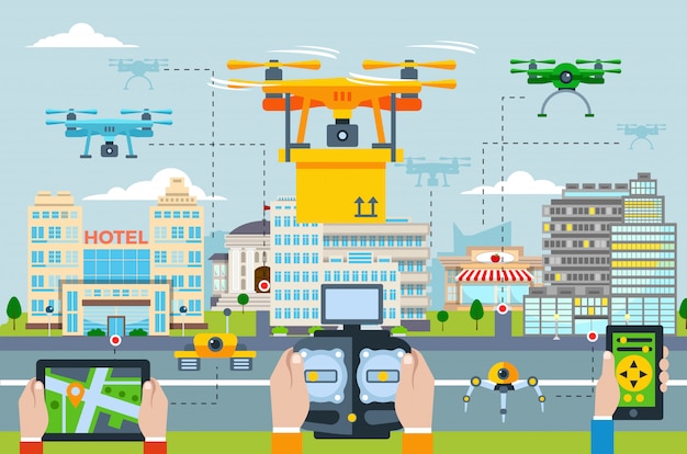 Gran ciudad Concepto de tecnologías modernas con personas lanzando drones por diferentes aplicaciones en un dispositivo