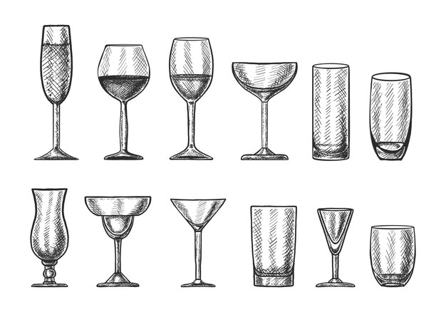 Gran colección de copas de cóctel dibujadas a mano para diferentes bebidas.