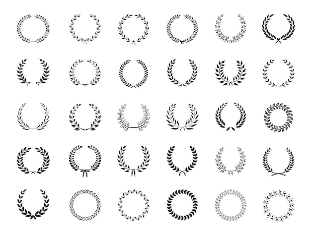 Gran colección de treinta diferentes coronas de laurel de vector negro circular o círculos para la victoria y la excelencia del premio de la antigüedad de la heráldica