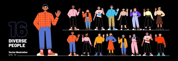 Gran conjunto de 16 personas diversas aisladas en negro