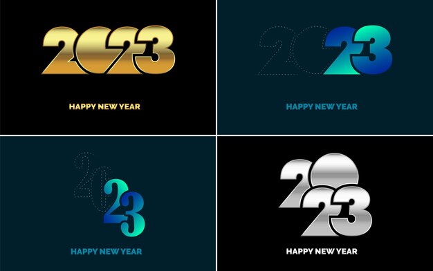 Gran conjunto 2023 Feliz año nuevo diseño de texto de logotipo negro 20 23 plantilla de diseño de números Colección de símbolos de 2023 Feliz año nuevo Año nuevo Ilustración vectorial