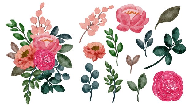 Gran conjunto botánico de flores silvestres Conjunto de piezas separadas y unidas a un hermoso ramo de flores en estilo de colores de agua en la ilustración de vector plano de fondo blanco