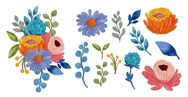 Gran conjunto botánico de flores silvestres Conjunto de piezas separadas y unidas a un hermoso ramo de flores en estilo de colores de agua en la ilustración de vector plano de fondo blanco