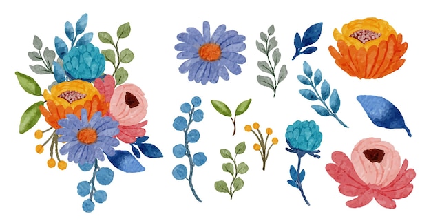 Vector gratuito gran conjunto botánico de flores silvestres conjunto de piezas separadas y unidas a un hermoso ramo de flores en estilo de colores de agua en la ilustración de vector plano de fondo blanco