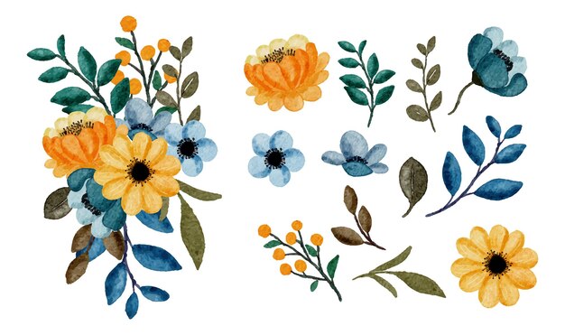 Gran conjunto botánico de flores silvestres Conjunto de piezas separadas y unidas a un hermoso ramo de flores en estilo de colores de agua en la ilustración de vector plano de fondo blanco