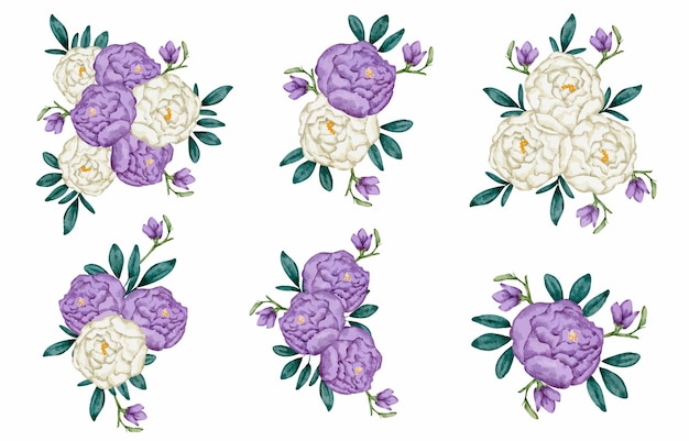 Vector gratuito gran conjunto botánico de flores silvestres conjunto de piezas separadas y unidas a un hermoso ramo de flores en estilo de colores de agua en la ilustración de vector plano de fondo blanco