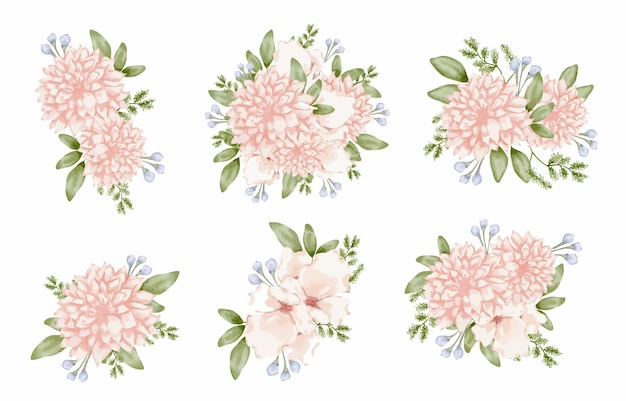 Gran conjunto botánico de flores silvestres conjunto de piezas separadas y unidas a un hermoso ramo de flores en estilo de colores de agua en la ilustración de vector plano de fondo blanco