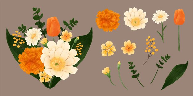 Gran conjunto botánico de flores silvestres Conjunto de piezas separadas y unidas a un hermoso ramo de flores en estilo de colores de agua en la ilustración de vector plano de fondo blanco