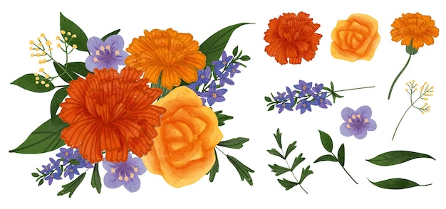 Vector gratuito gran conjunto botánico de flores silvestres conjunto de piezas separadas y unidas a un hermoso ramo de flores en estilo de colores de agua en la ilustración de vector plano de fondo blanco