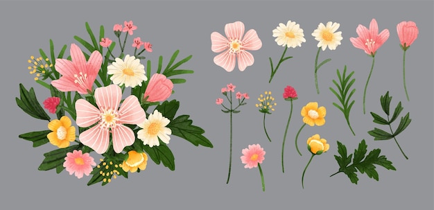 Vector gratuito gran conjunto botánico de flores silvestres conjunto de piezas separadas y unidas a un hermoso ramo de flores en estilo de colores de agua en la ilustración de vector plano de fondo blanco