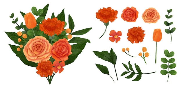 Gran conjunto botánico de flores silvestres Conjunto de piezas separadas y unidas a un hermoso ramo de flores en estilo de colores de agua en la ilustración de vector plano de fondo blanco