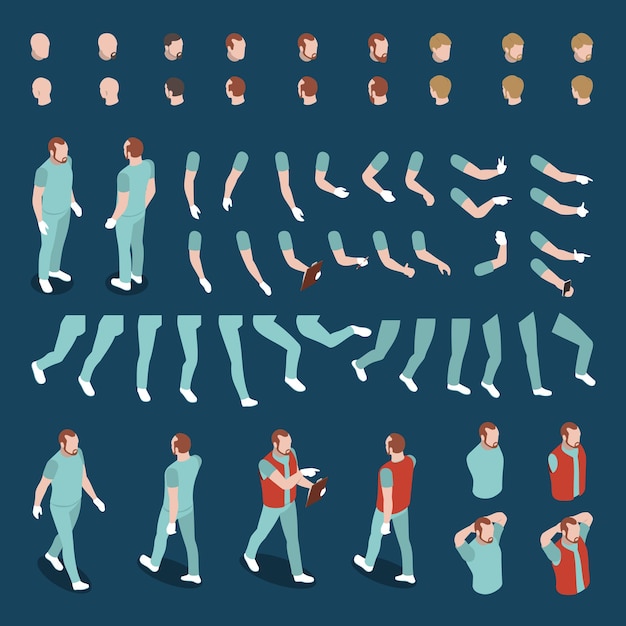 Gran conjunto de cabezas isométricas brazos piernas cuerpos para constructor de personajes masculinos 3d ilustración aislada