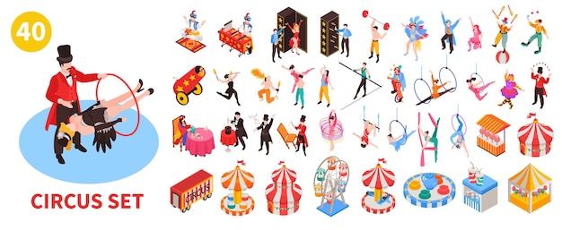 Gran conjunto de circo isométrico con íconos aislados de artistas de circo con gran carpa y juegos de diversiones ilustración vectorial