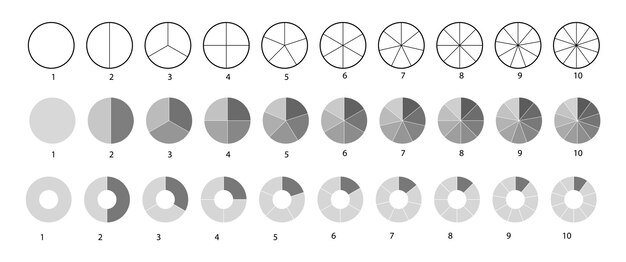 Gran conjunto de diagramas de rueda aislado sobre fondo blanco. Conjunto de círculos segmentados. Varios números de sectores dividen el círculo en partes iguales. Gráficos de contorno fino negro.