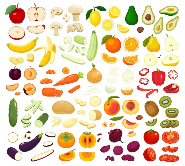 Gran conjunto de frutas y verduras frescas planas, enteras y en rodajas, con zanahoria, tomate, limón, aguacate, manzana, plátano, melocotón, ilustración vectorial aislada