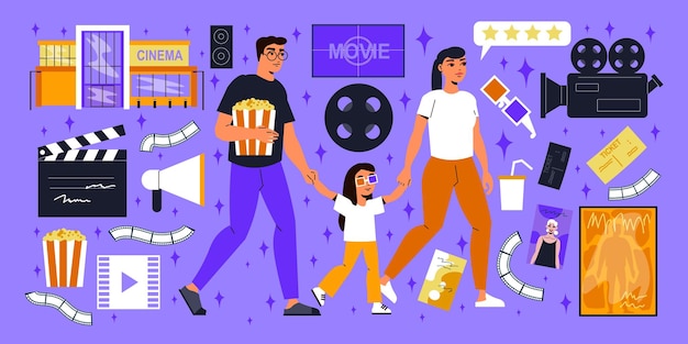 Gran conjunto de películas de cine con íconos aislados de cámara de badajo de comida chatarra y carrete con ilustración de vector familiar