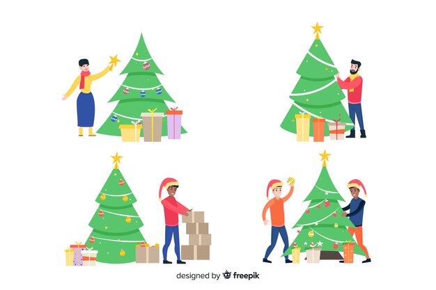 Gran conjunto de personas de dibujos animados lindo decorar el árbol de navidad