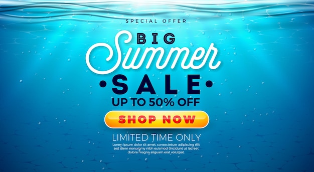 Vector gratuito gran diseño de venta de verano con carta de vacaciones y amanecer en el fondo submarino del océano azul