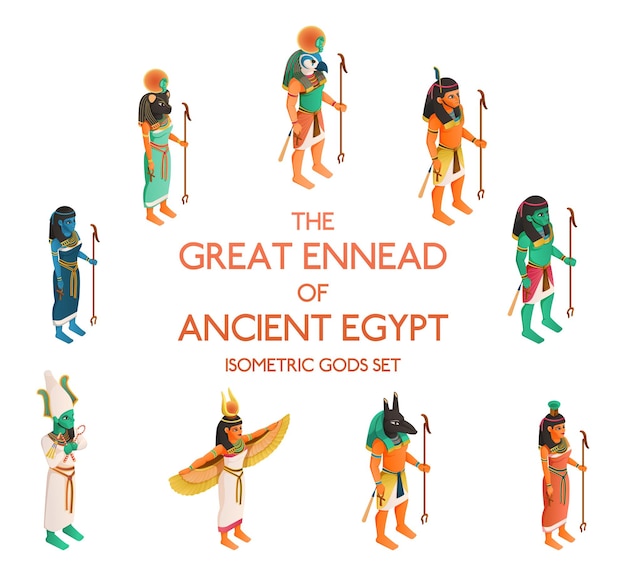 Gran enéada del antiguo Egipto, incluida la inclusión de ra bastet isis osiris set ptah maat ilustración vectorial aislada