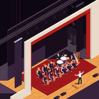 Gran espectáculo de teatro isométrico con ilustración de símbolos de orquesta