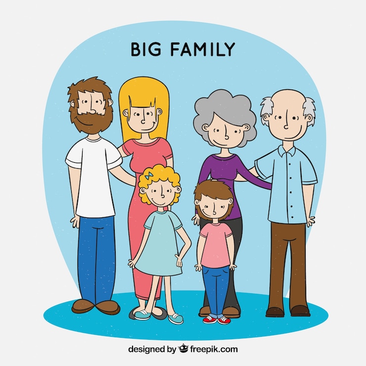 Vector gratuito gran familia feliz con estilo de dibujo a mano
