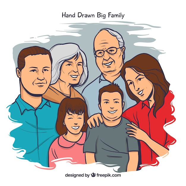Vector gratuito gran familia feliz con estilo de dibujo a mano